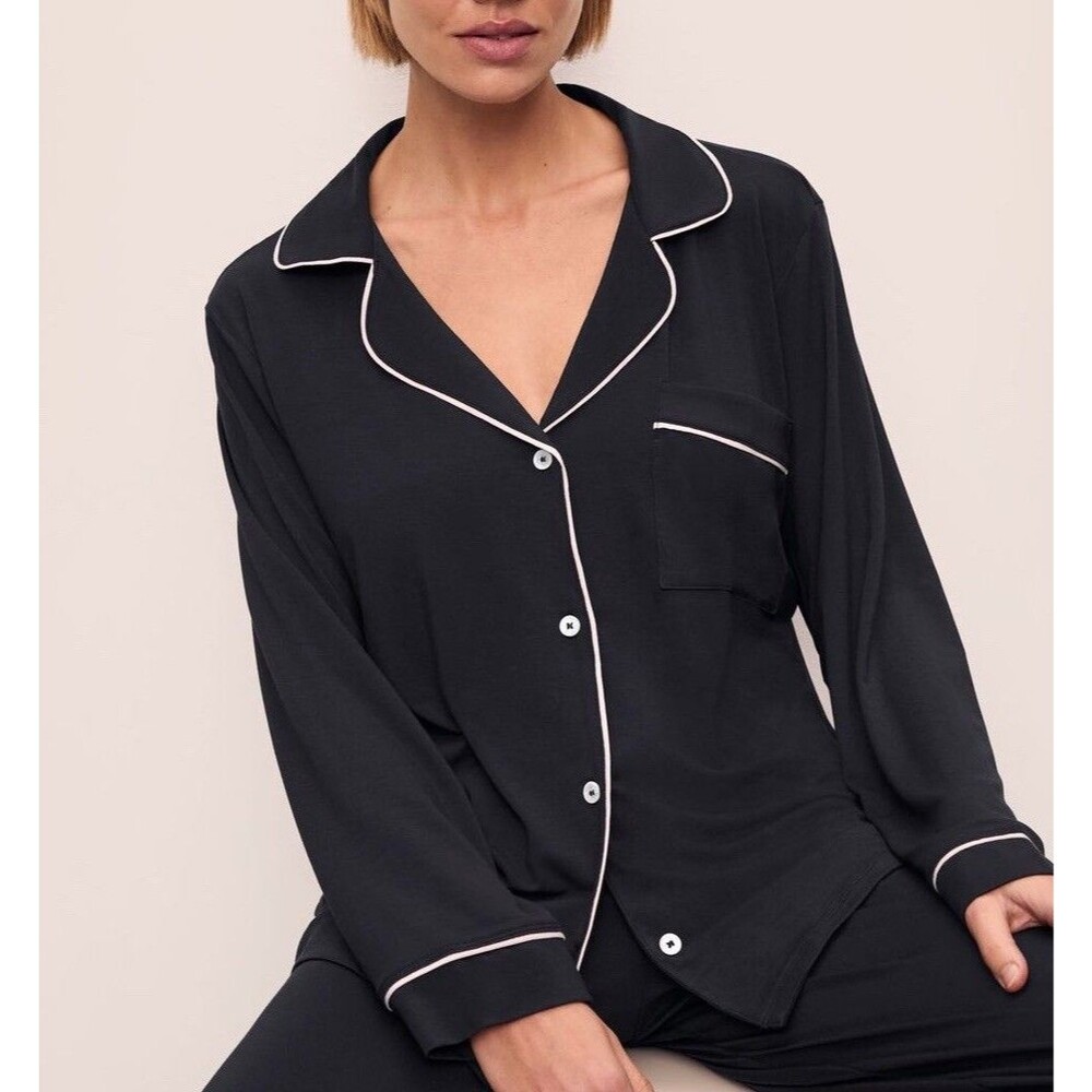 Eberjey Women Size M Gisele Pajama Top Black  Modal Long Sleeve Button- Up GUC